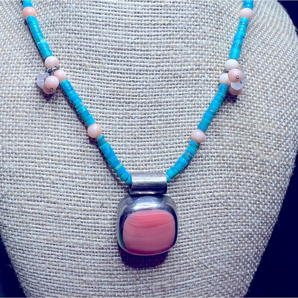 Antic Tutti Frutti sterling silver pink coral necklace with jadeite stones